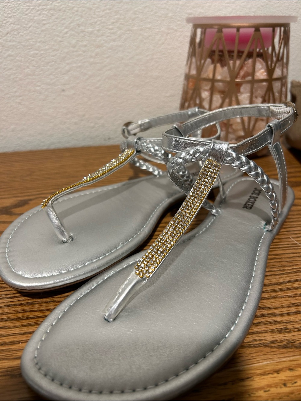 Joe Boxer Silver T-Strap Sandals with Gold Crystal Accent